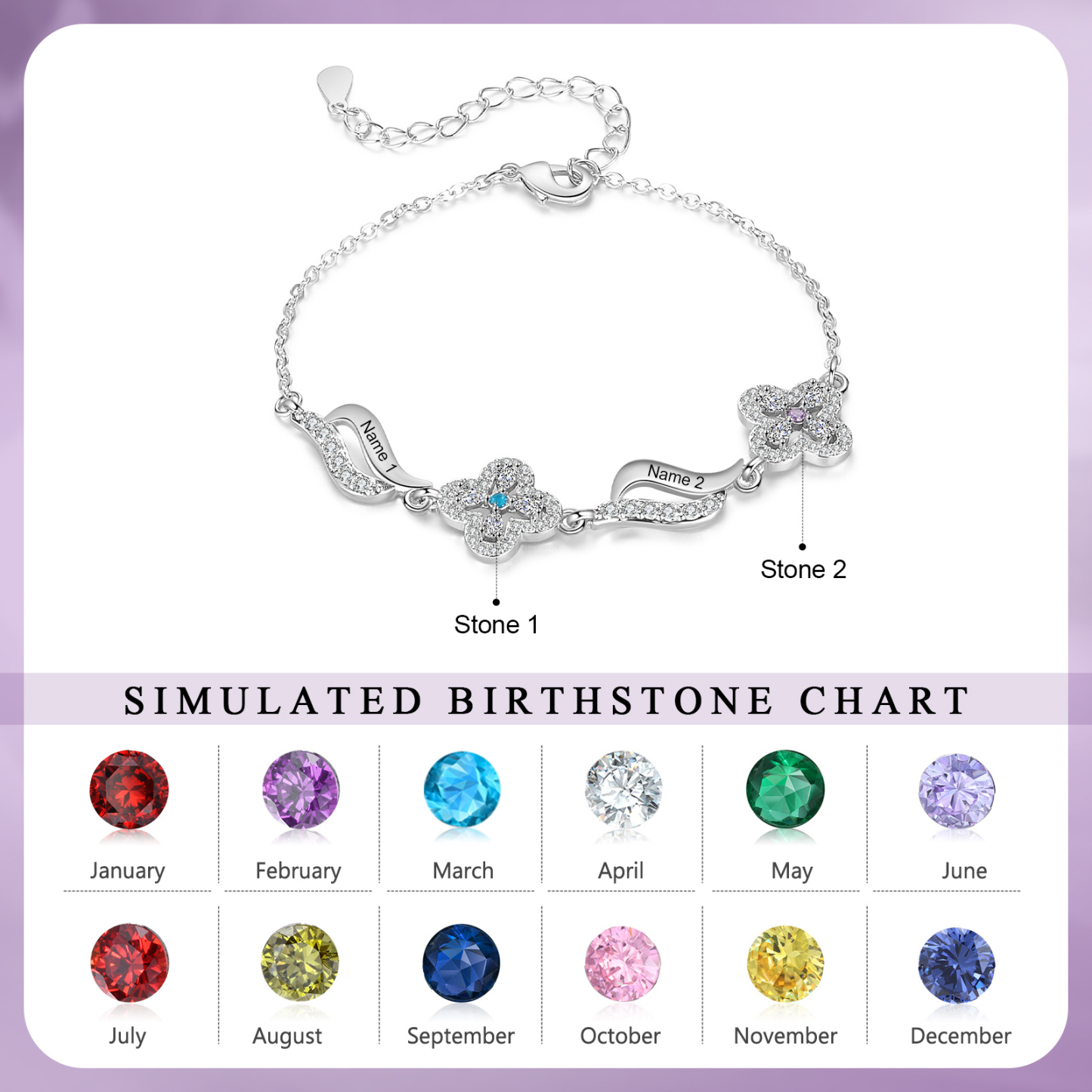 Personalised 2 Birthstones Engraved 2 Names Bracelet Women's Bracelets Birthday Gift for Her-Jessemade AU