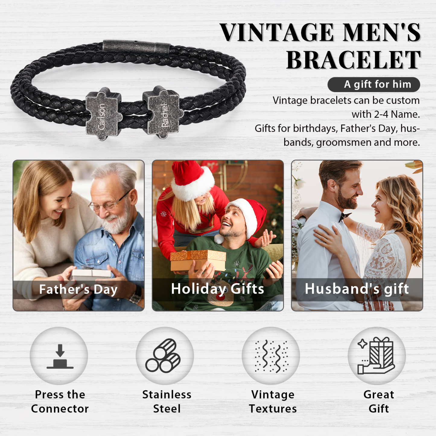 Vintage Men's Leather Bracelet Custom 2 Names Puzzles Bracelet Two Layers Bracelet Personalised Gift for Him-Jessemade AU