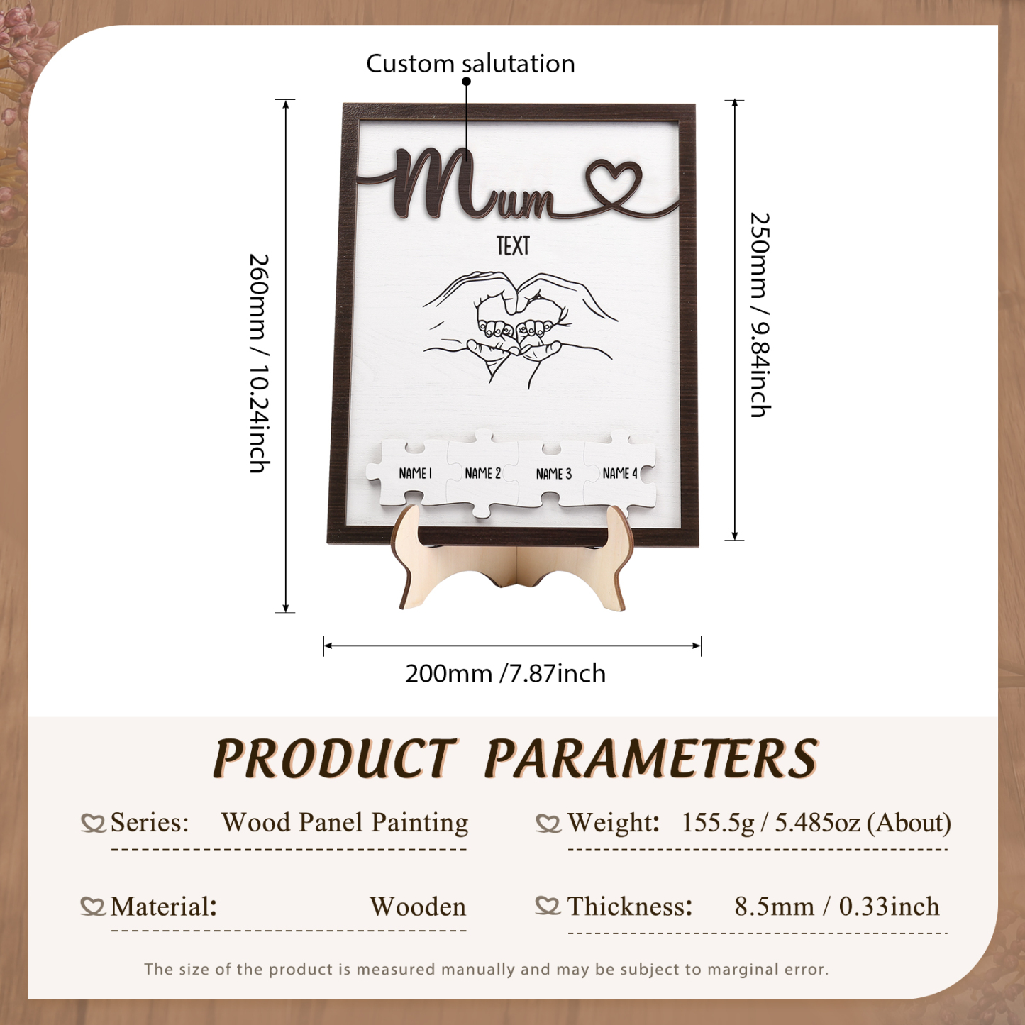 Personalised Puzzle Pieces Wooden Plaque Custom 4 Names & Text & Salutation Holding Hands Family Wooden Sign With Stand Gifts for Mum-Jessemade AU