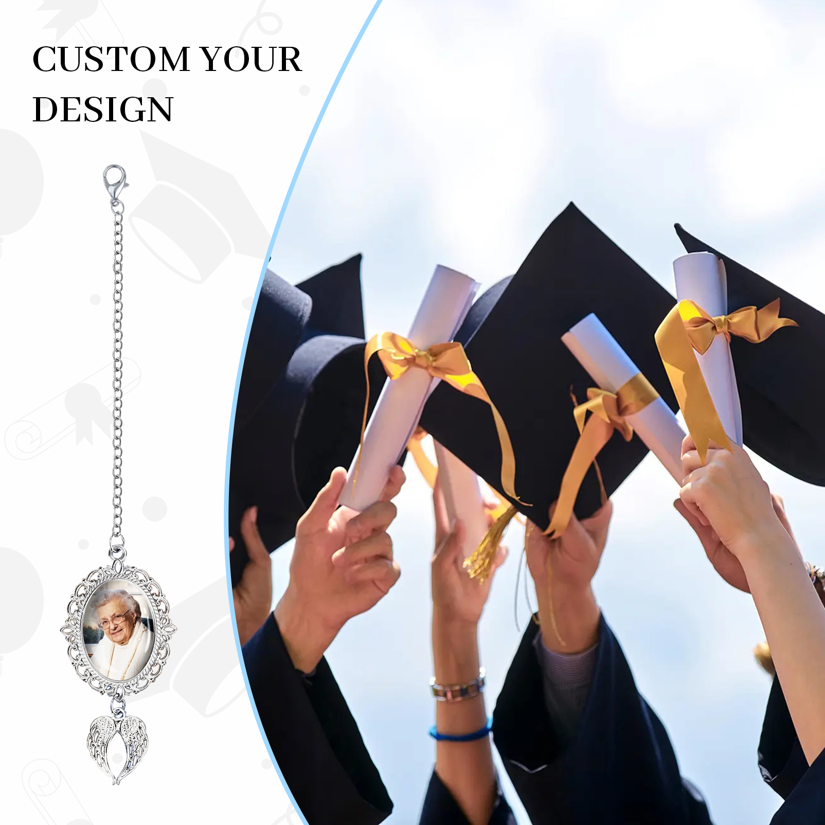 Personalised Graduation Tassel  Memorial Charm Custom 1 Photo Charm with Angel Wings