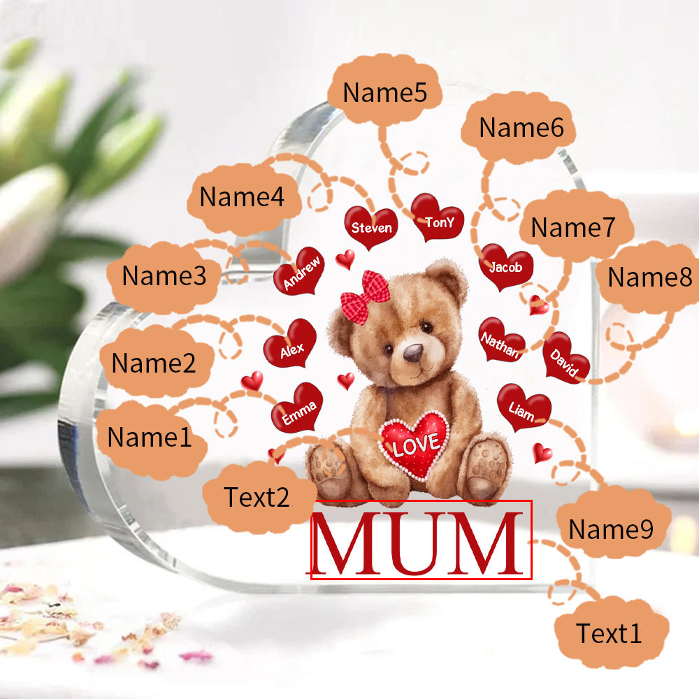 9 Names - Personalised Acrylic Heart Keepsake Custom 2 Texts Teddy Bear Ornaments Gifts for Grandma/Mother-Jessemade AU