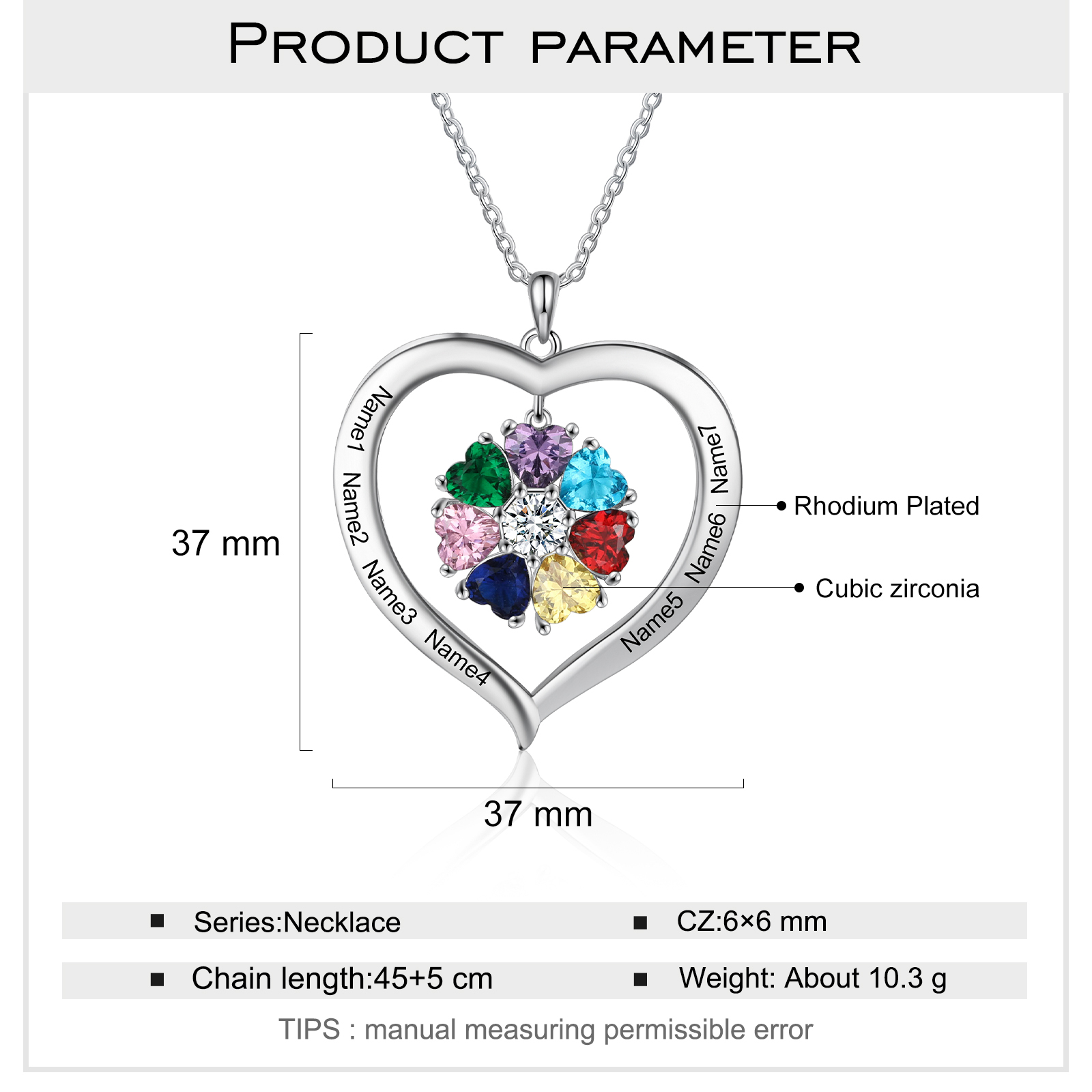 Personalised Heart Necklace with 7 Birthstones Engraved Names Family Necklace Gifts for Her-Jessemade AU