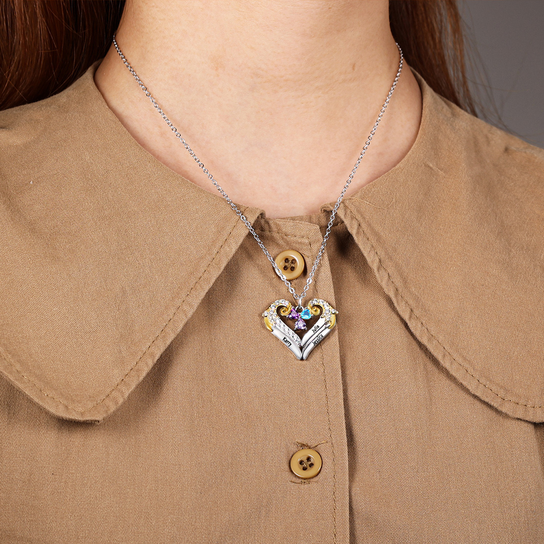 Personalised Heart Wings Necklace With 2 Birthstones Engraved Names Best Gift For Her-Jessemade AU