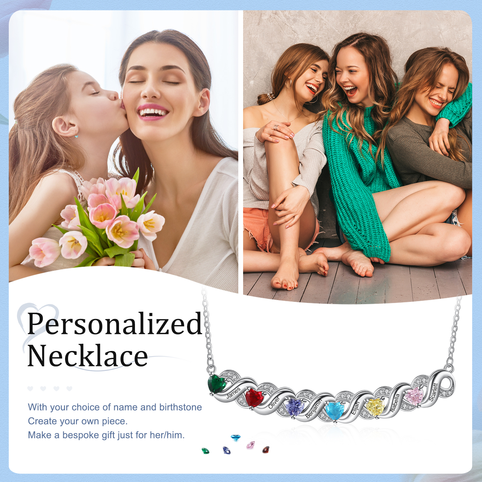 Personalised Heart Birthstone Necklace Custom 6 Names Overlap Necklace Gifts for Her-Jessemade AU