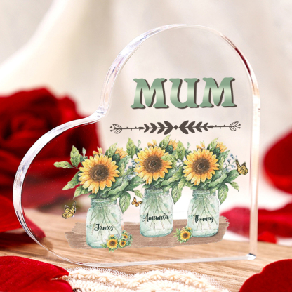 Personalised Acrylic Heart Keepsake Custom 3 Names & 1 Text Sunflower Vase Ornament Gifts for Mother/Grandma-Jessemade AU