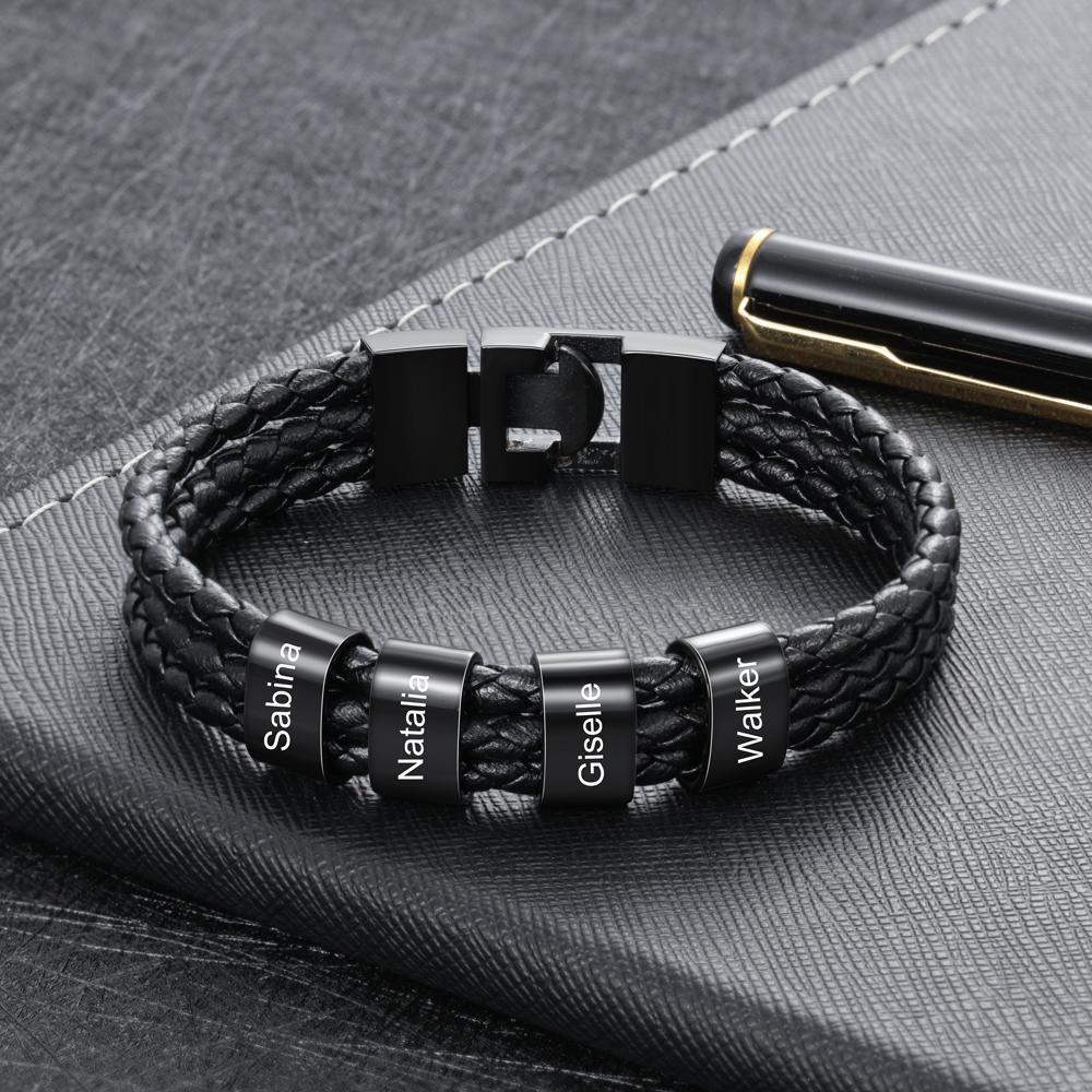 Personalised Braided Leather Bracelet Engraved 4 Names Men's Bracelet Gifts For Him-Jessemade AU