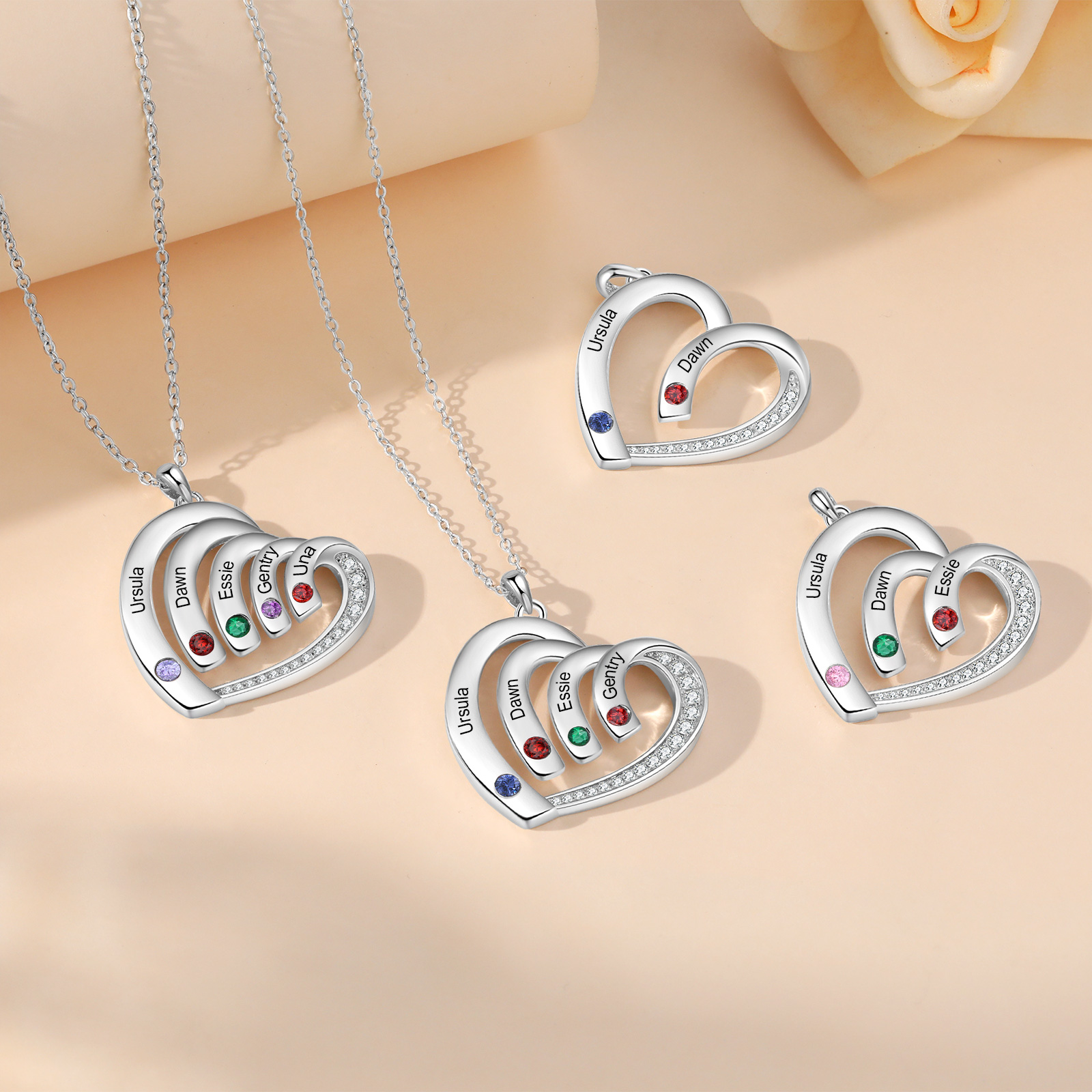 Personalised Heart Pendant Necklace Custom 3 Birthstones & 3 Names Necklace Gifts for Her-Jessemade AU