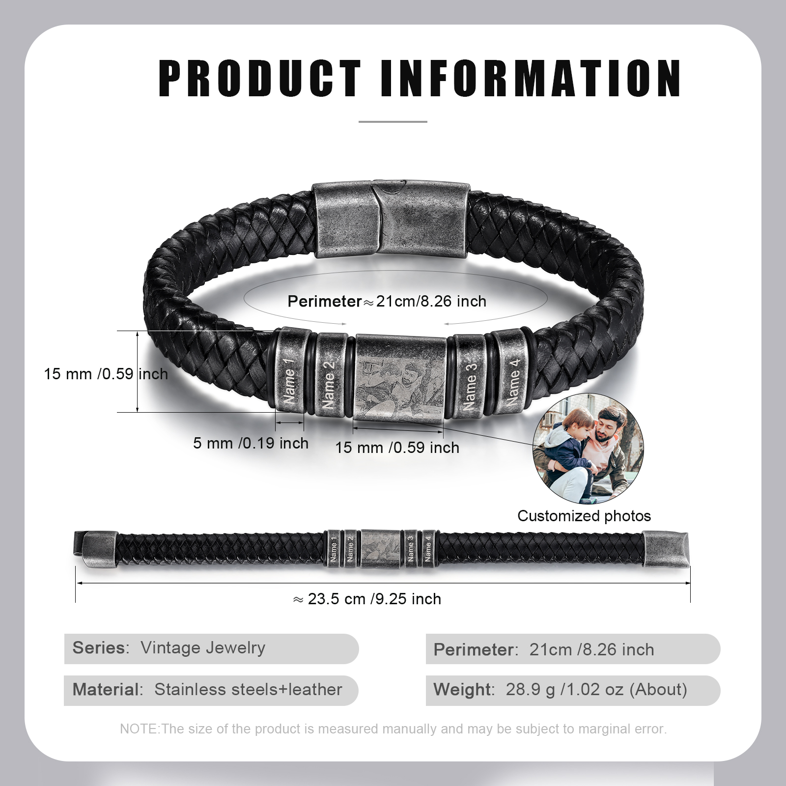 4 Names - Personalised Men's Leather Braided Bracelet Customised Name & Photo Bracelet Vintage Gift for Him-Jessemade AU