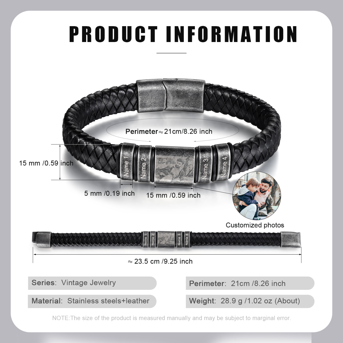 4 Names - Personalised Men's Leather Braided Bracelet Customised Name & Photo Bracelet Vintage Gift for Him-Jessemade AU