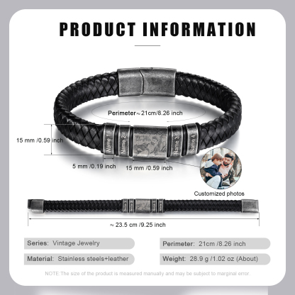 4 Names - Personalised Men's Leather Braided Bracelet Customised Name & Photo Bracelet Vintage Gift for Him-Jessemade AU