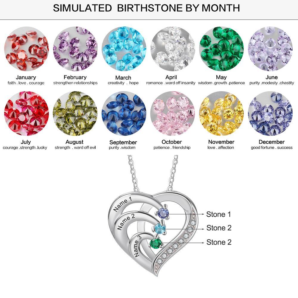 Personalised Mother Necklace Engraved 3 Names 3 Birthstone Intertwined Heart Pendant
