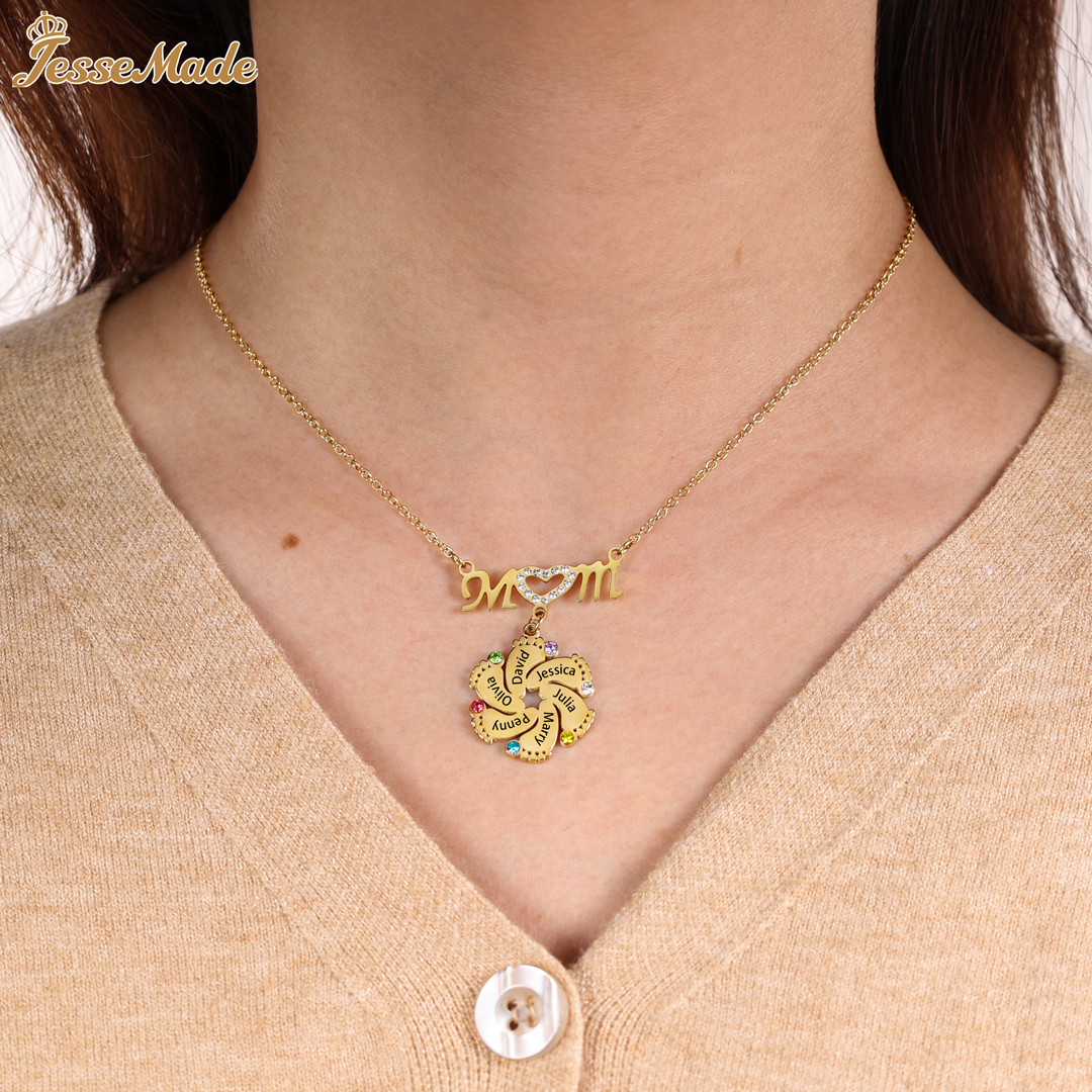 Mom Necklace Customised Baby Feet Necklace with Birthstones Engraving 1 Name Gifts for Her-Jessemade AU