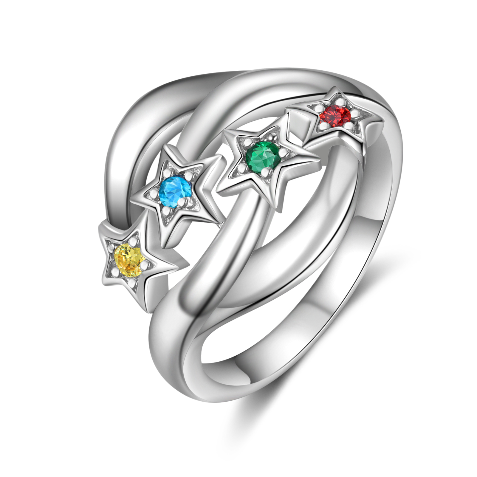 Personalised Star Ring With 4 Birthstones Engraved Names Ring Gift For Women-Jessemade AU