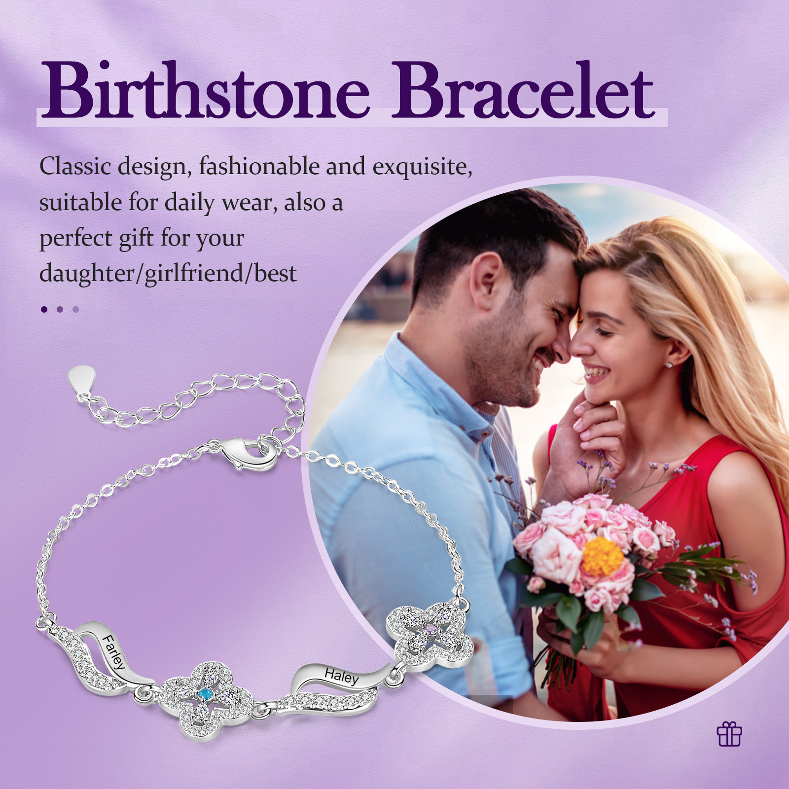 Personalised 2 Birthstones Engraved 2 Names Bracelet Women's Bracelets Birthday Gift for Her-Jessemade AU