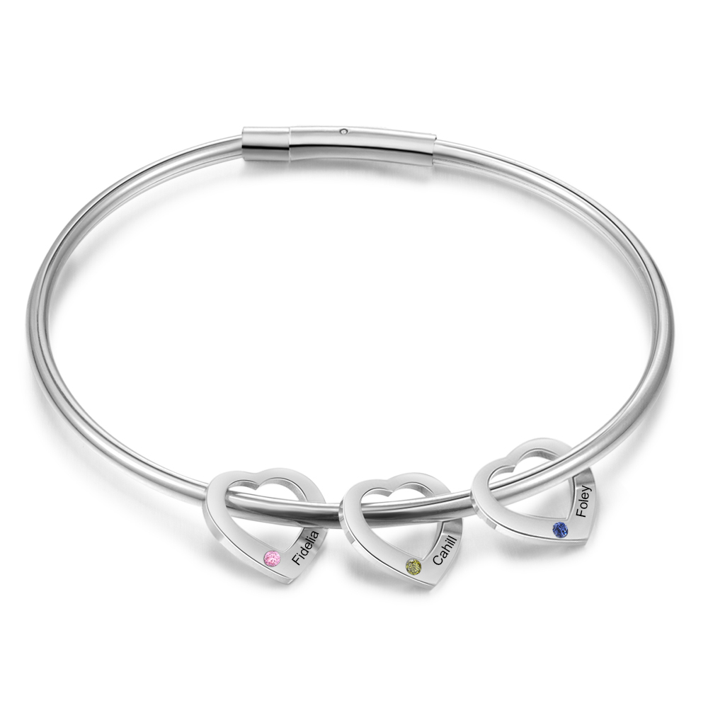 Personalised Heart Bracelet With 3 Birthstones Engraved Names Bracelet Gift For Women-Jessemade AU