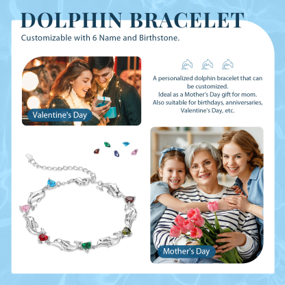 Dolphin Bracelet Personalised 6 Birthstones & 6 Names Women Bracelet-Jessemade AU