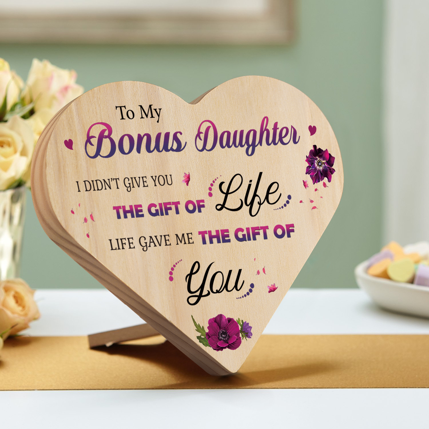 To My Bonus Daughter Violet Wooden Heart Keepsake Desktop Ornament "Life Gave Me The Gift of You"-Jessemade AU