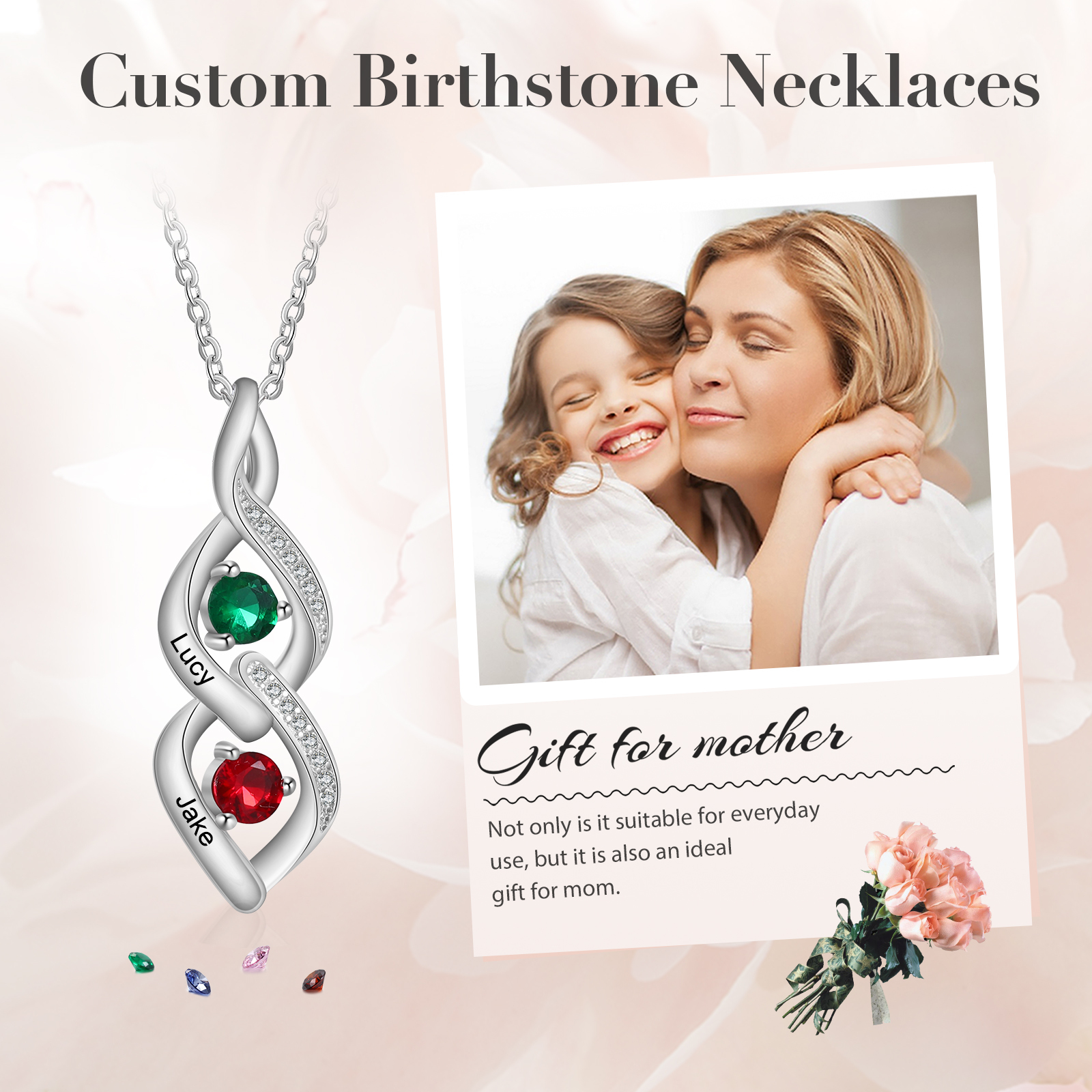 Personalised Twisted Pendant Necklace Custom 2 Birthstones & 2 Names Necklace