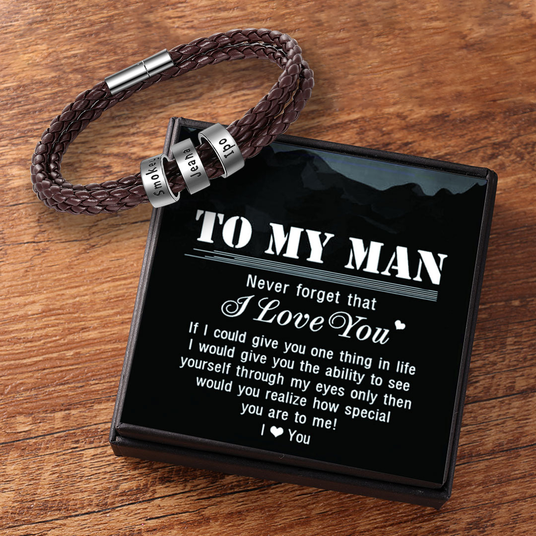 Leather Braided Bracelet Men Bracelets Personalised 3 Names 3 Beads Gift For Dad-Jessemade AU