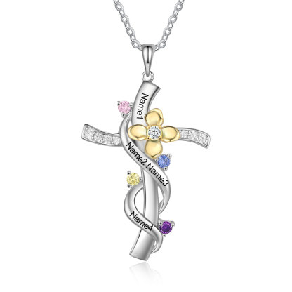Personalised Faith Cross Necklace With Names Custom 4 Birthstones Flower Necklace Gifts for Women-Jessemade AU