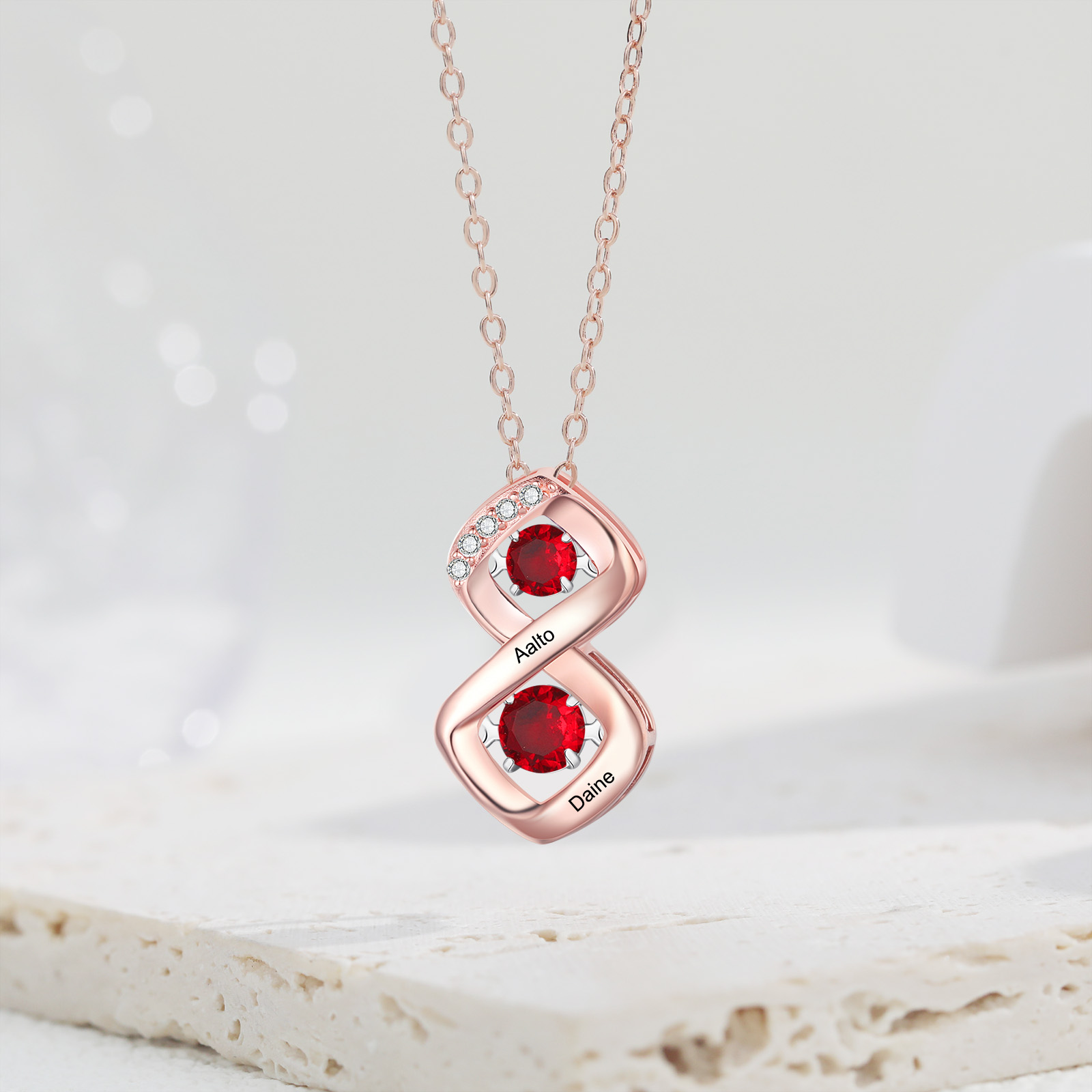Custom Family Necklace with 2 Birthstones Engraving Names Dancing Stone Necklace-Jessemade AU