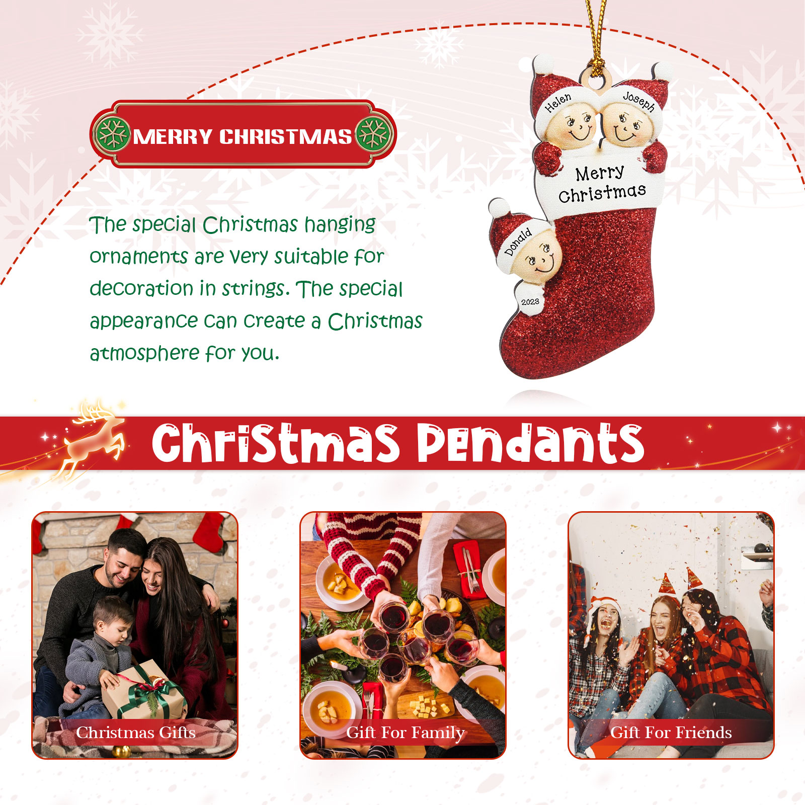 3 Names - Personalised Christmas Stocking Ornament Customised Name & Text & Year Wooden Hanging Ornaments Christmas Gift for Family-Jessemade AU