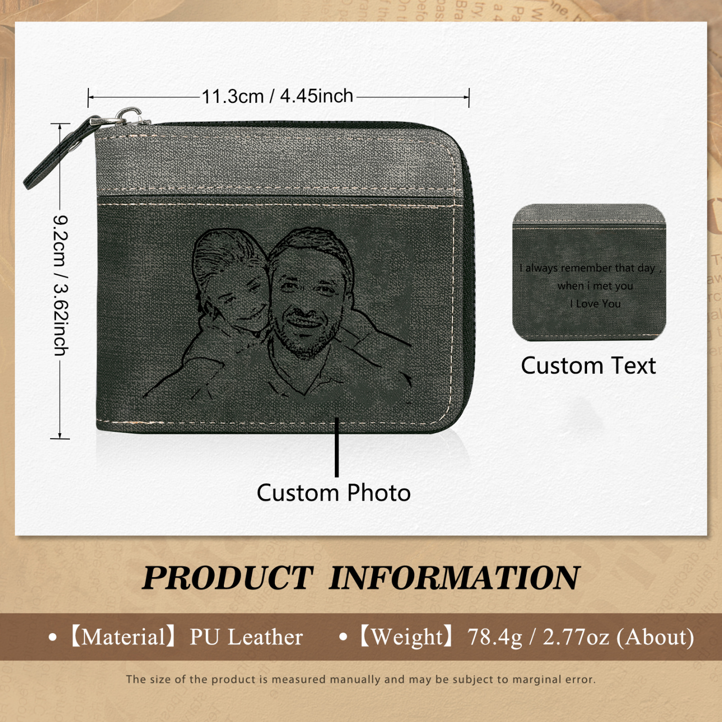 Personalised Photo & Text Billfold Wallet Custom Men's Leather Wallet Zipper Gift for Him-Jessemade AU
