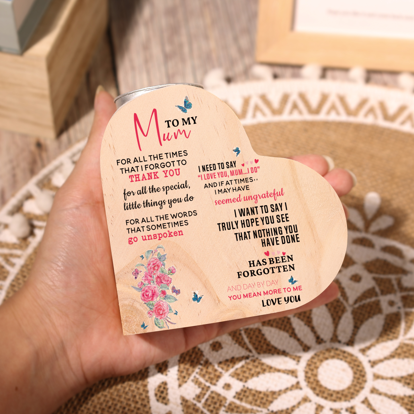 To My Mum-Wooden Heart Candle Holder Flower Candlesticks "I forgot to thank you" Gifts For Mother-Jessemade AU