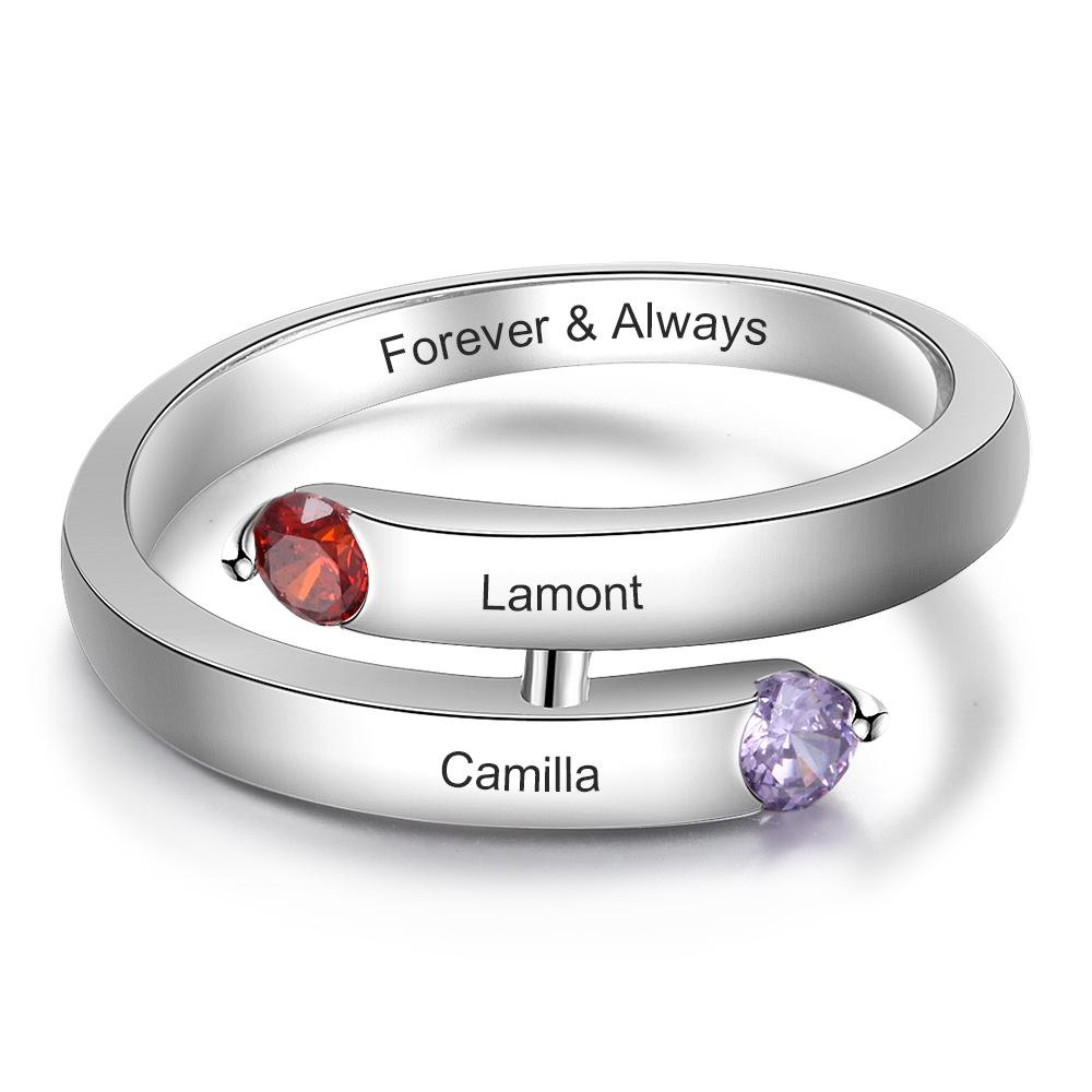 S925 Silver Ring Personalised 2 Birthstones Promise Ring With Names Gifts For Her-Jessemade AU
