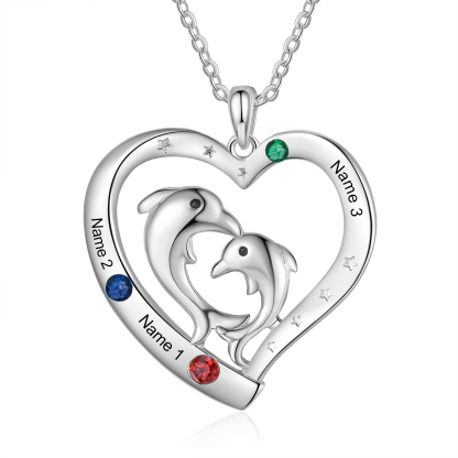 Personalised Heart Dolphin Pendant Necklace Custom 3 Birthstones Engraved 3 Names Necklace Gift for Her-Jessemade AU