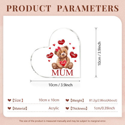 3 Names - Personalised Acrylic Heart Keepsake Custom 2 Texts Teddy Bear Ornaments Gifts for Grandma/Mother-Jessemade AU