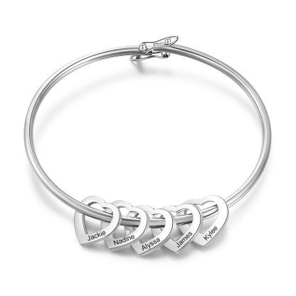 Personalised 5 Names Bangle with Heart Shape Pendants-Jessemade AU