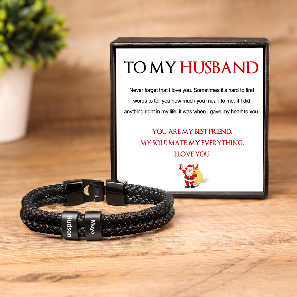 Personalised Braided Leather Bracelet Engraved 2 Names Men's Bracelet for Him-Jessemade AU