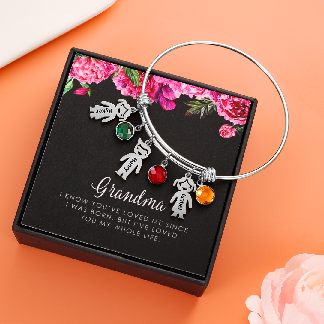 Bangle Bracelet with Kids Charms 1 Birthstone Rose Box Set-Jessemade AU