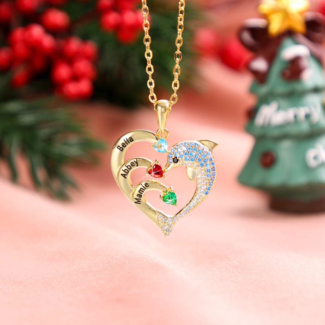 Personalised Heart Dolphin Necklace With 2 Birthstones Engraved Names Gift For Her-Jessemade AU