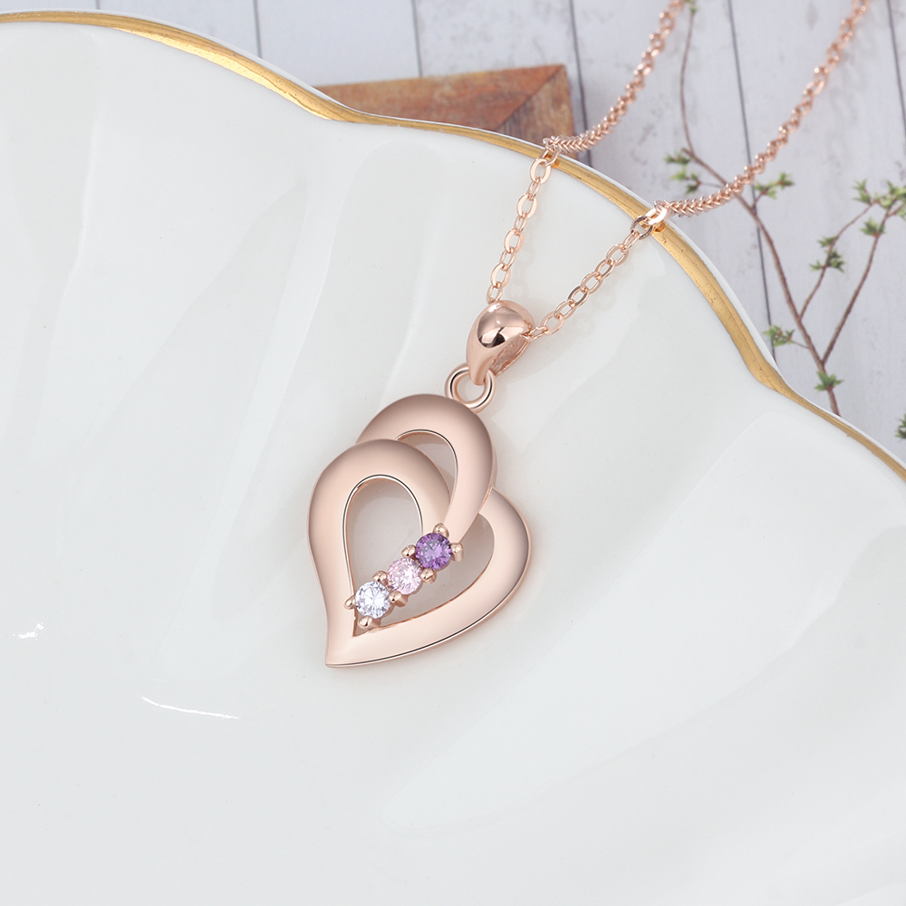 Personalised Heart Necklace With 3 Birthstones Engraved Names Gift For Her-Jessemade AU