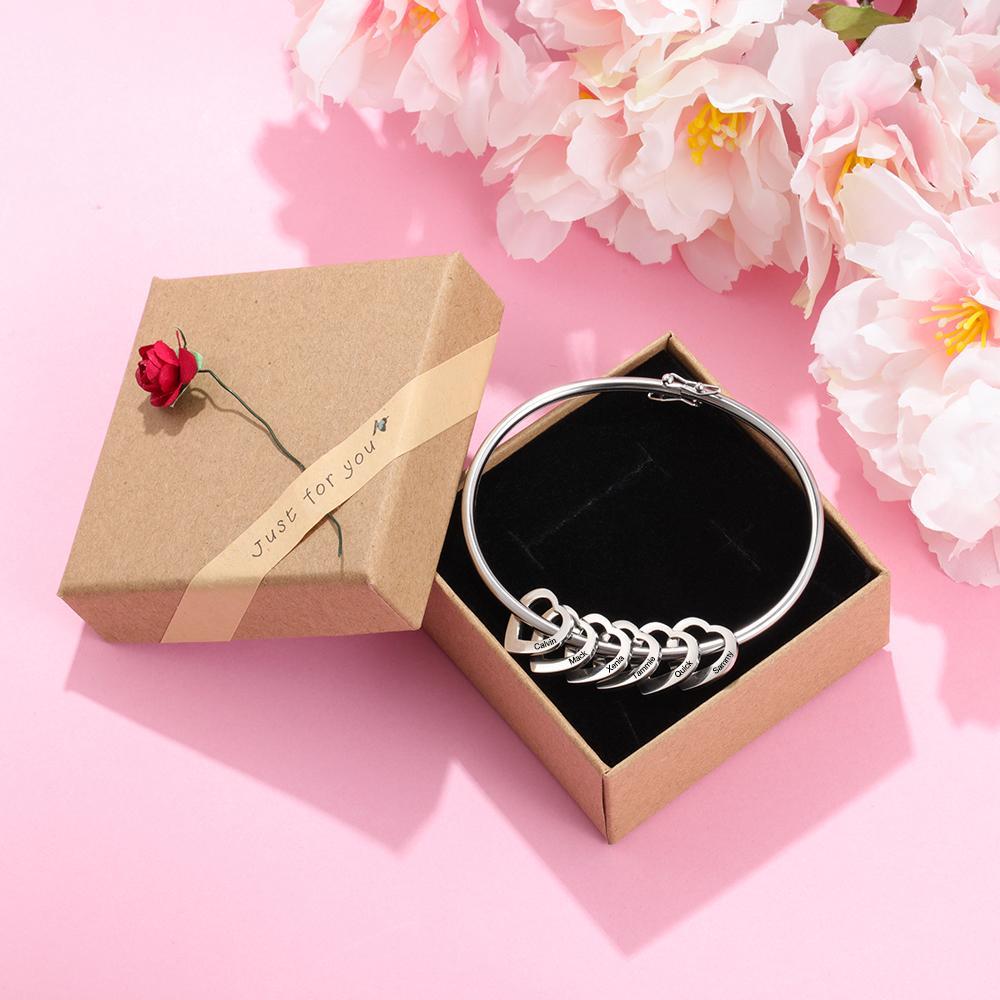 Personalised Love Bracelet with 6 Heart Charms Engraved 6 Names Bangle Bracelet Rose Gift for Her-Jessemade AU