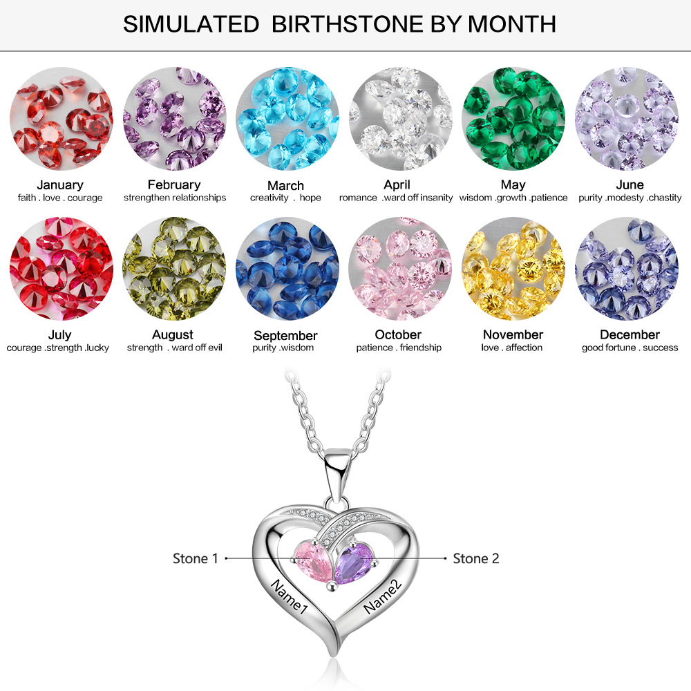Personalised Heart Mother Necklace With 2 Birthstones Engraved Names Gifts For Her-Jessemade AU