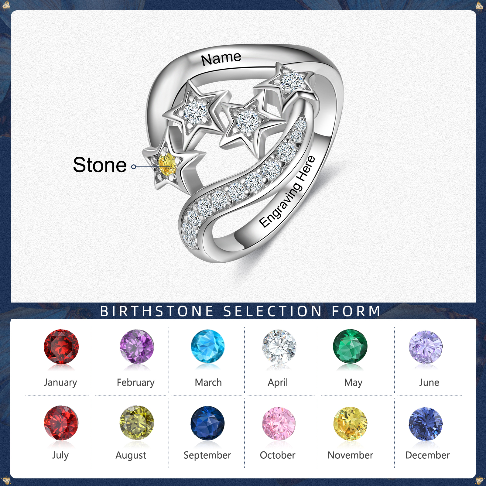 Personalised Star Ring With 1 Birthstone Engraved Names Ring Gift For Women-Jessemade AU