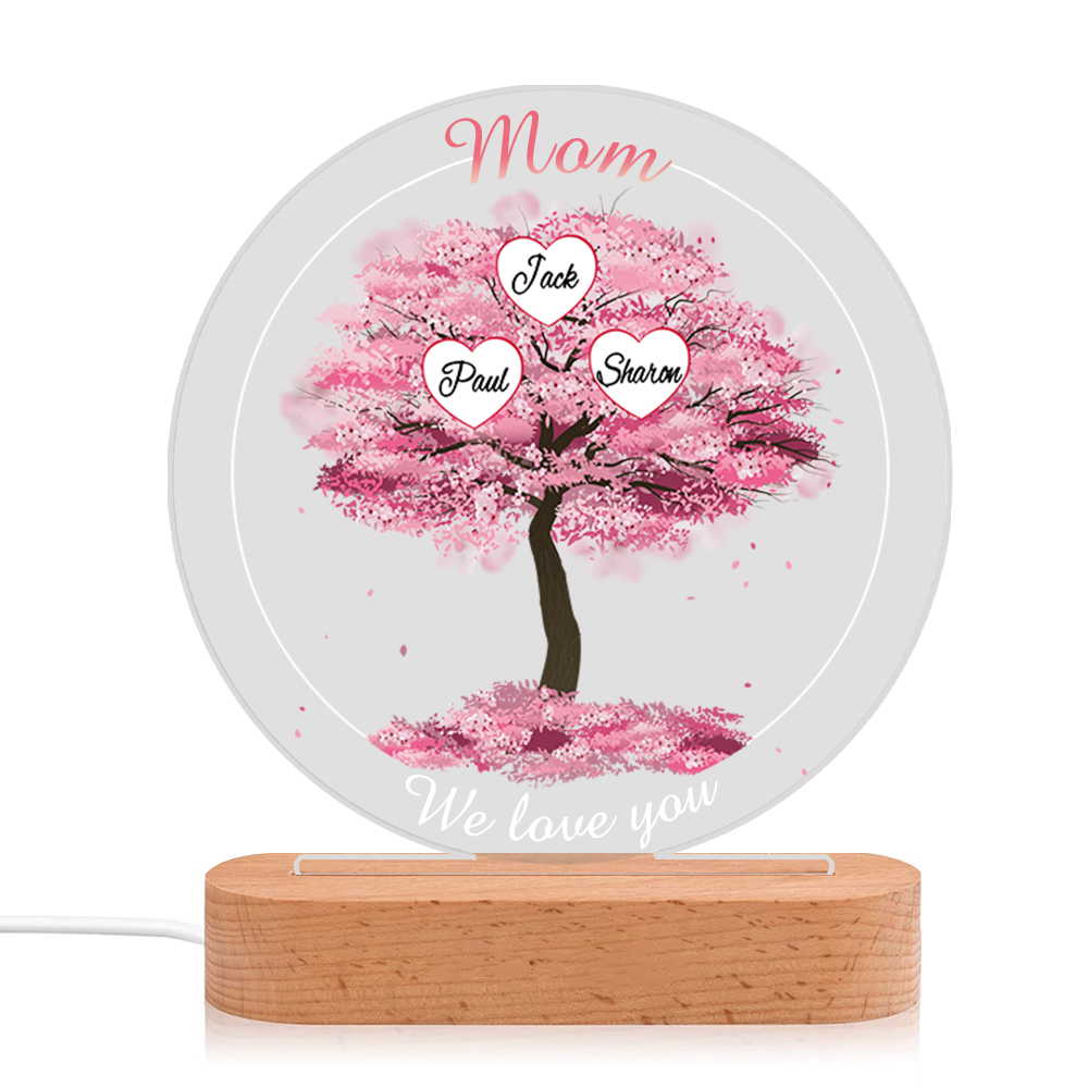 3 Names - Personalised Acrylic Night Light Custom 2 Texts Pink Family Tree LED Lamp Gifts for Mother/Grandma-Jessemade AU