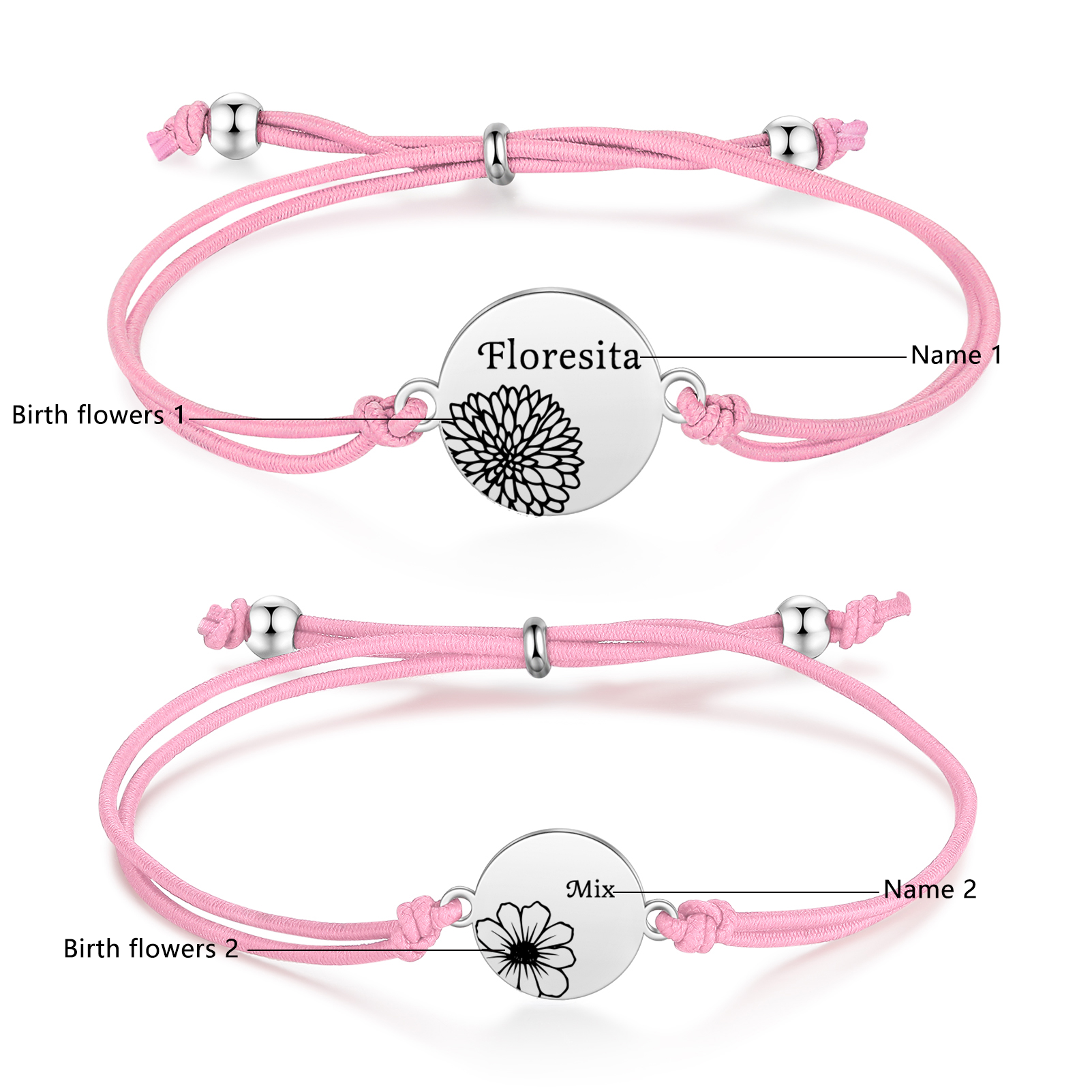 2 Pcs Bracelet Set Personalised Names & Birth Flowers Adjustable Bracelets with Message Card Back to School Gifts for Daughters-Jessemade AU
