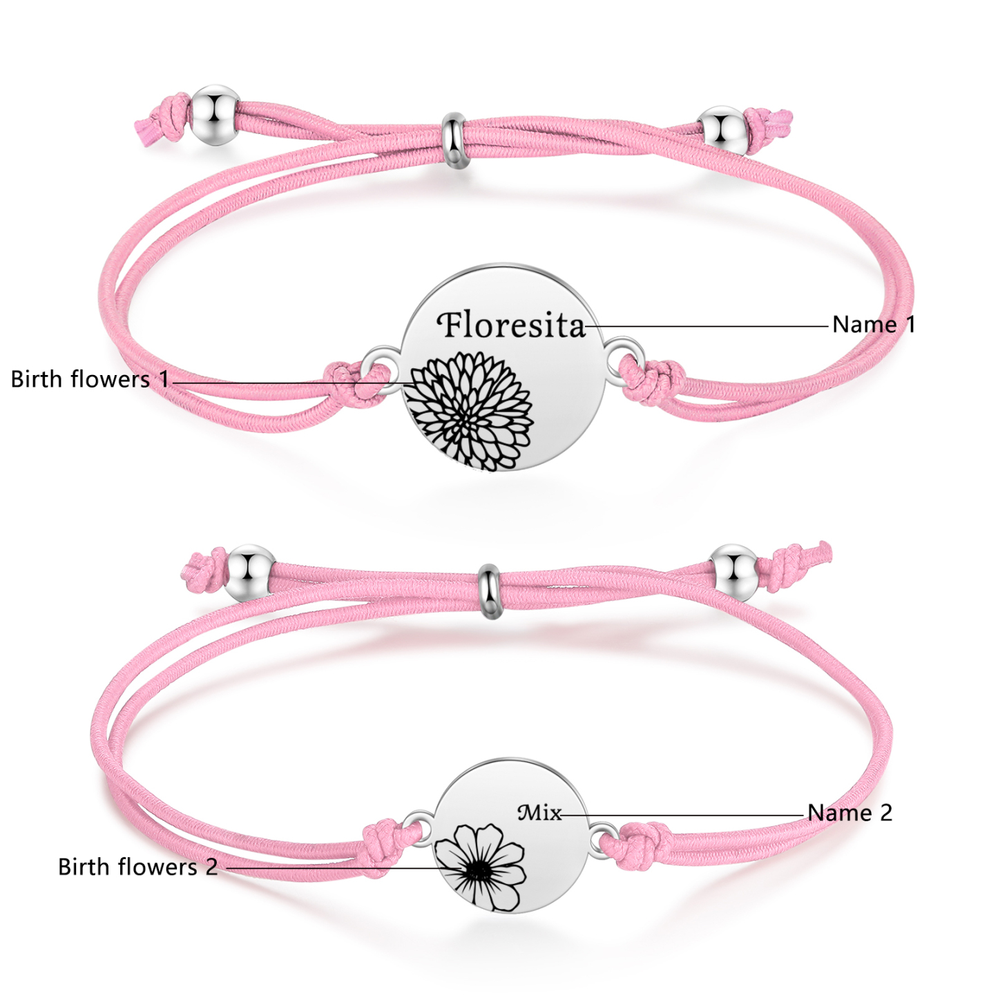 2 Pcs Bracelet Set Personalised Names & Birth Flowers Adjustable Bracelets with Message Card Back to School Gifts for Daughters-Jessemade AU