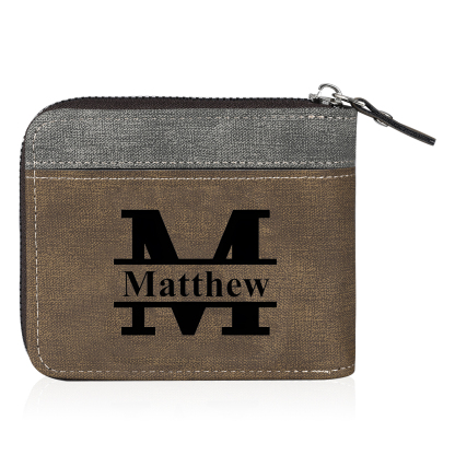 Personalised Text & Letter & Name Billfold Wallet Custom Men's Leather Wallet Zipper Gift for Him-Jessemade AU