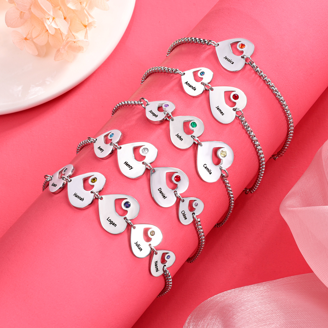 Personalised Heart Bracelet with Birthstones Custom 5 Names Family Bracelet Gifts for Her-Jessemade AU
