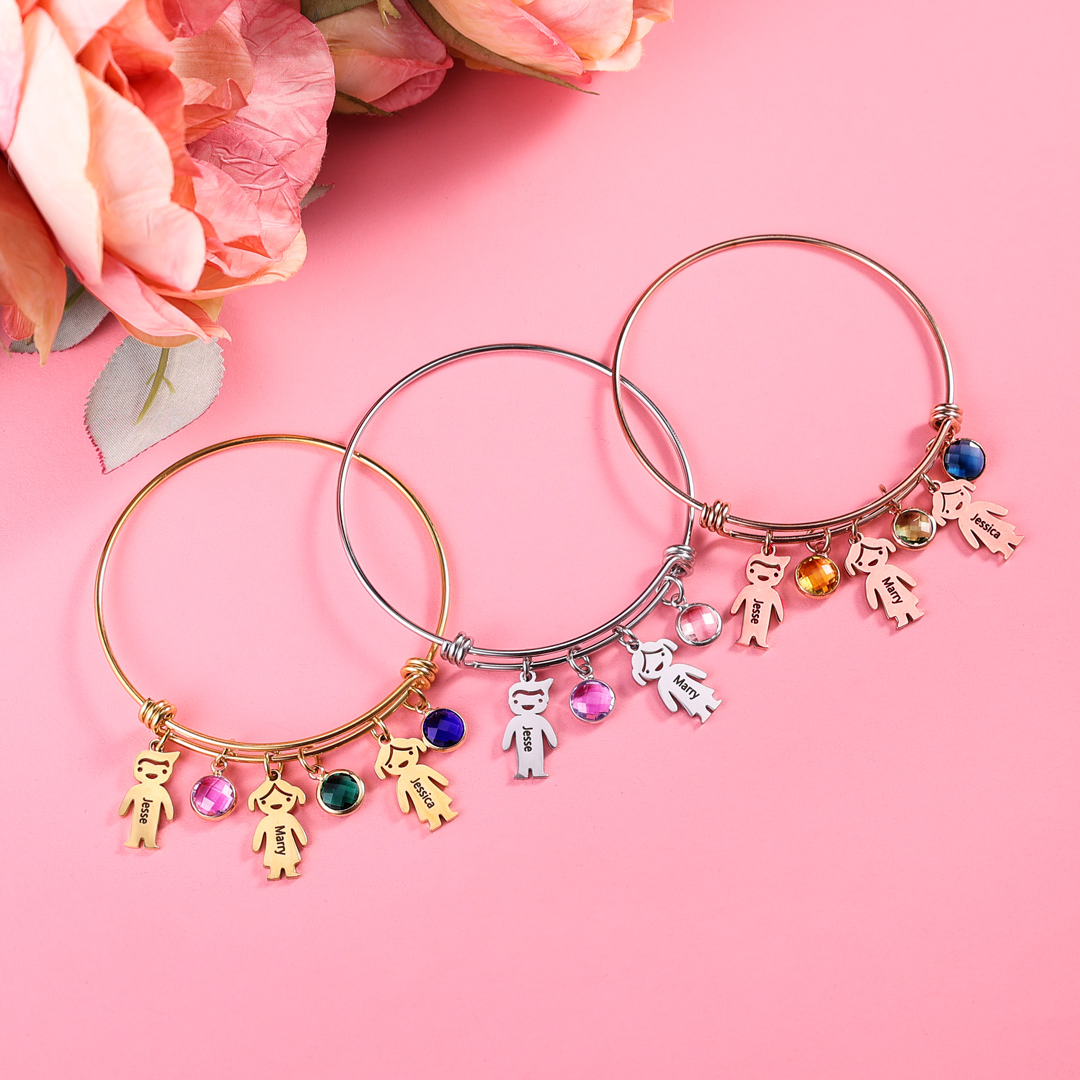 Personalised Kid Charms Bangle Bracelet With Names Customised 4 Birthstones Gift for Her-Jessemade AU