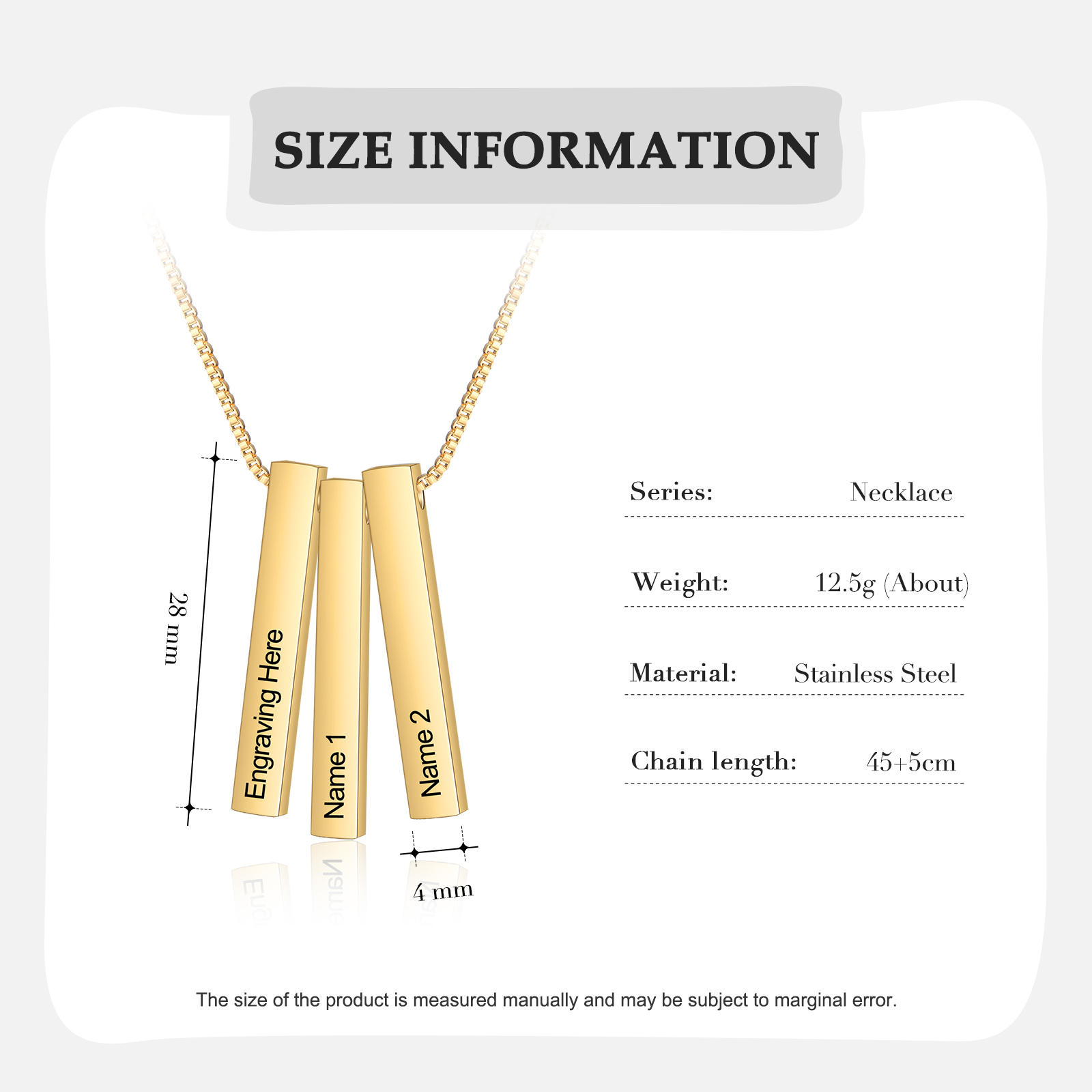 Vertical Bar Necklace Personalised 3 Names 3D Bar Necklace-Jessemade AU