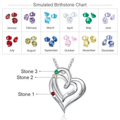 Personalised Heart Necklace With 2 Birthstones Engraved Names Gift For Her-Jessemade AU