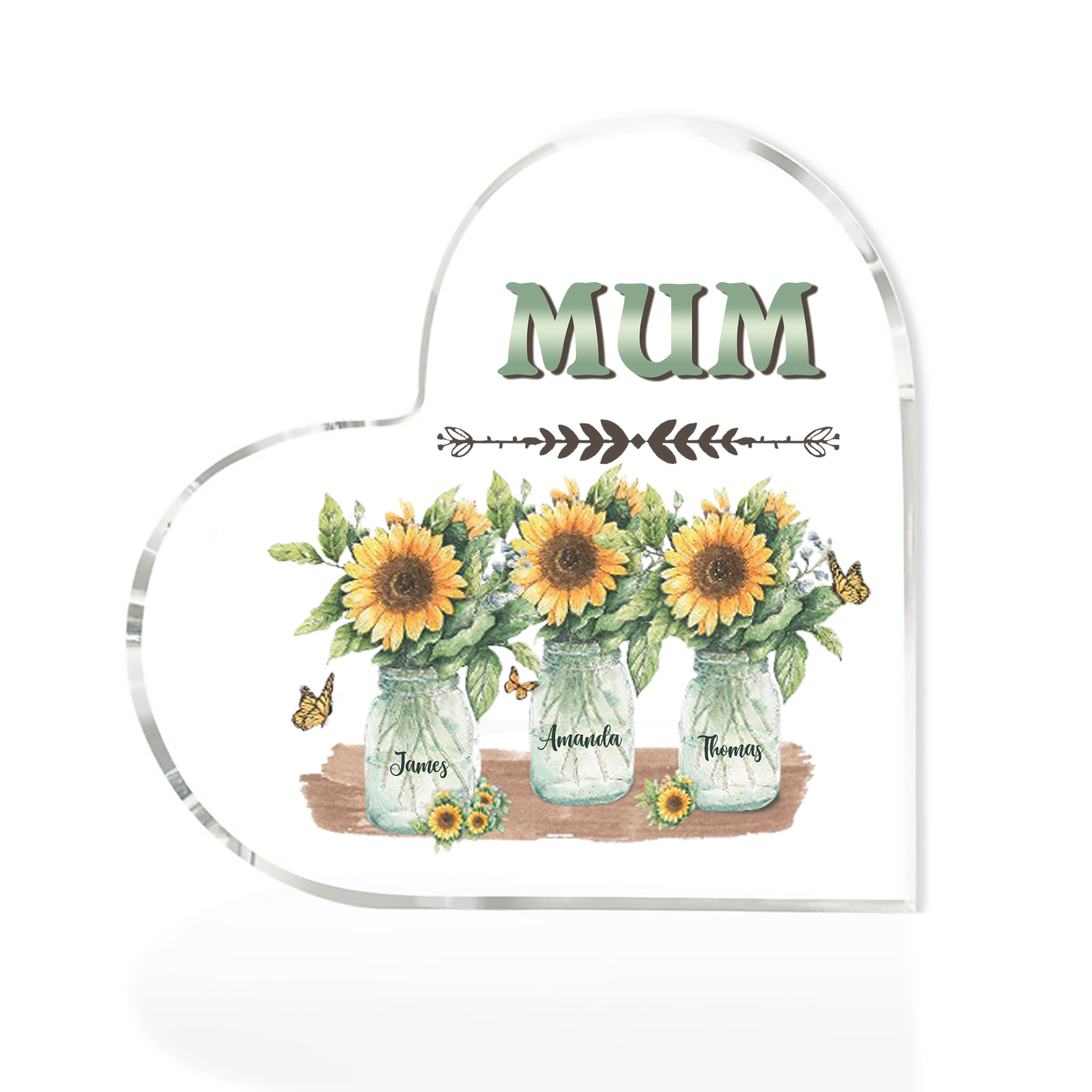 Personalised Acrylic Heart Keepsake Custom 3 Names & 1 Text Sunflower Vase Ornament Gifts for Mother/Grandma-Jessemade AU