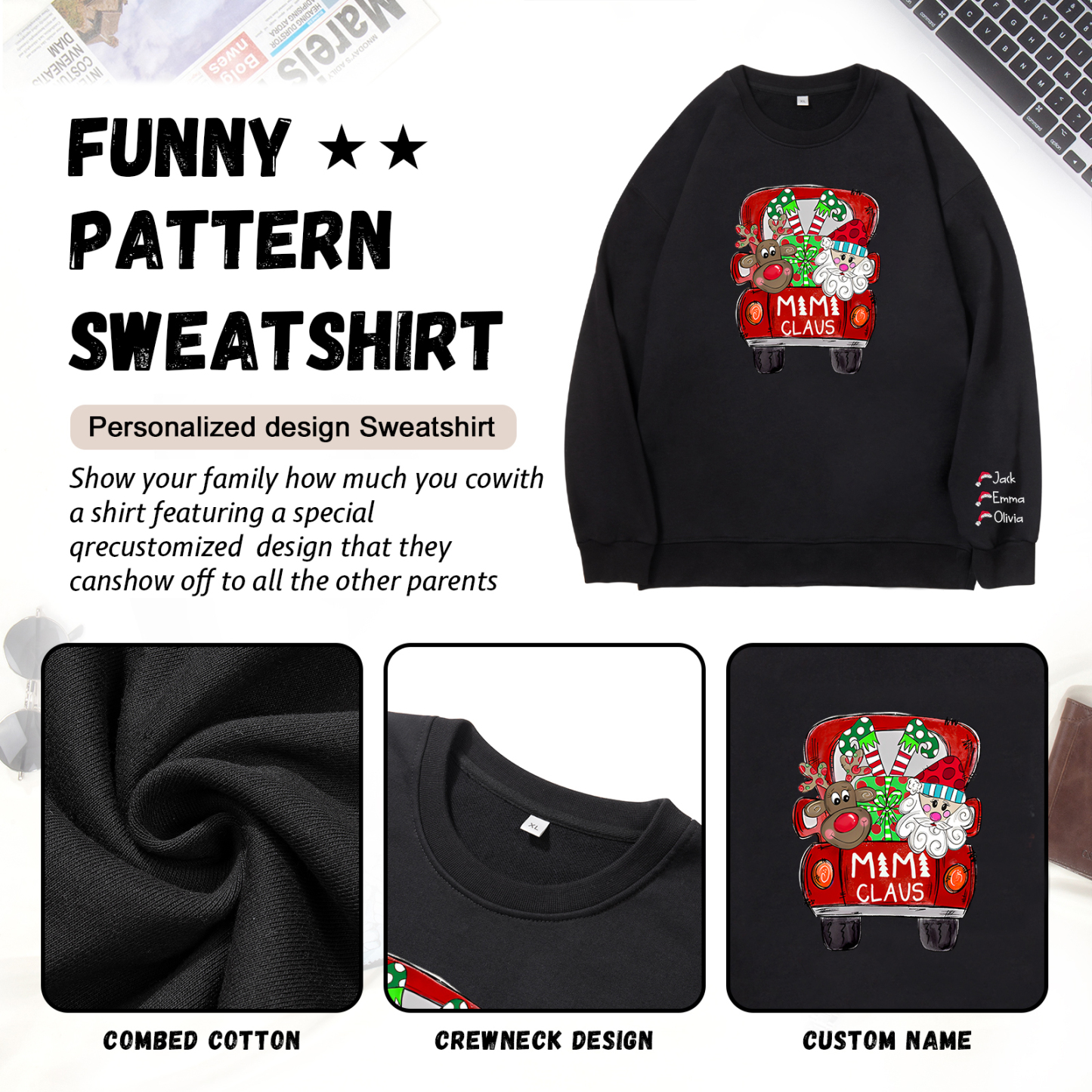 3 Names - Personalised Christmas Sweatshirt Custom Name & Text Sweatshirt Mimi Claus Sweatshirt Gift for Family -Jessemade AU