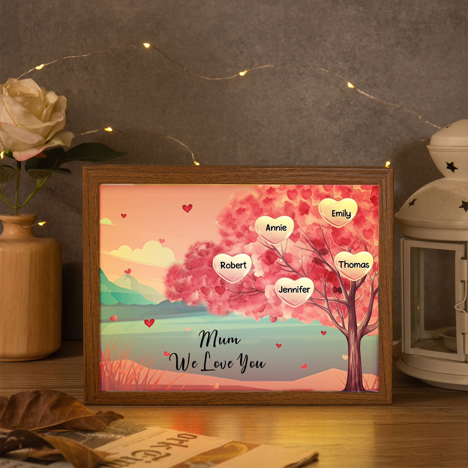 Personalised Frame Night Light Custom 1 Text & 5 Names Pink Family Tree Ornament Gifts for Mother/Grandma-Jessemade AU